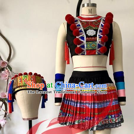 Chinese Guangxi Minority Performance Garment Costumes Yao Nationality Woman Dance Clothing Ethnic Dance Short Dress Uniforms