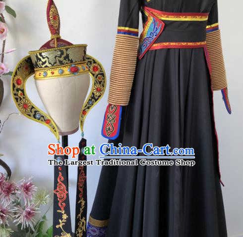 Chinese Mongolian Minority Performance Garment Costumes Mongol Nationality Woman Dance Clothing Ethnic Dance Black Dress Uniforms and Hat
