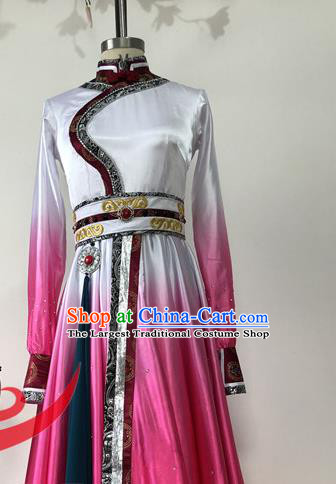 Chinese Ethnic Dance Rosy Dress Uniforms Mongolian Minority Performance Garment Costumes Mongol Nationality Woman Dance Clothing