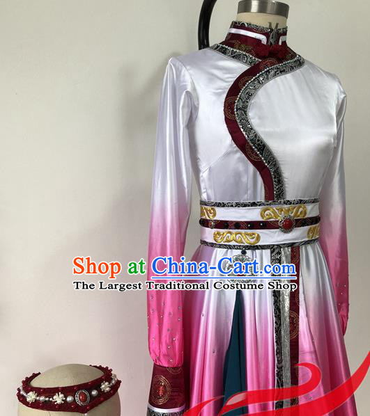 Chinese Ethnic Dance Rosy Dress Uniforms Mongolian Minority Performance Garment Costumes Mongol Nationality Woman Dance Clothing