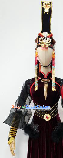 Top China Minority Performance Headwear Mongol Nationality Dance Black Hat Ethnic Wedding Bride Tassel Headdress