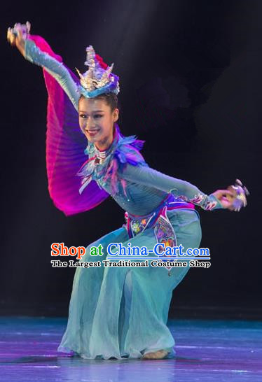 Chinese Classical Dance Garment Costumes Stage Performance Blue Outfits Female Group Sparrow Dance Clothing