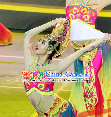 Top China Female Group Dance Hair Crown Flying Apsaras Stage Performance Headwear Classical Dance Golden Hat Hair Accessories