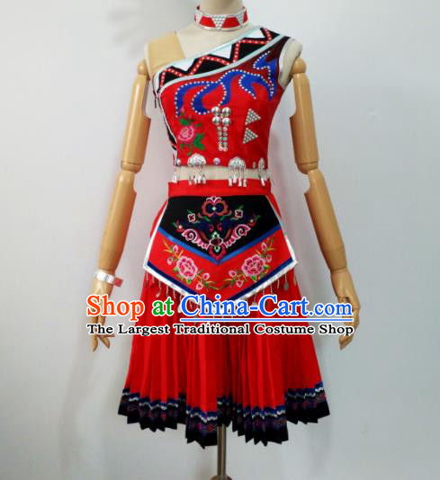 Chinese Ethnic Female Group Dance Red Dress Uniforms Xiangxi Minority Performance Garment Costumes Tujia Nationality Folk Dance Clothing
