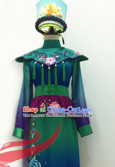 Chinese Qiang Nationality Folk Dance Clothing Ethnic Female Group Dance Green Dress Uniforms Sichuan Minority Performance Garment Costumes