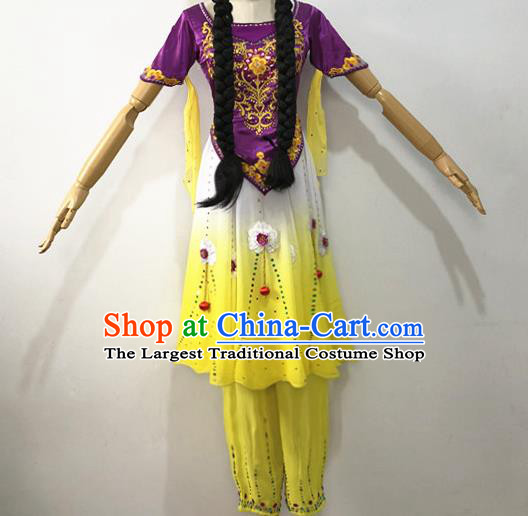 Chinese Ethnic Female Group Dance Purple Dress Uniforms Xinjiang Minority Performance Garment Costumes Uyghur Nationality Folk Dance Clothing