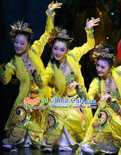 Chinese Minority Performance Garment Costumes Burma Nationality Folk Dance Clothing Female Group Dance Yellow Uniforms
