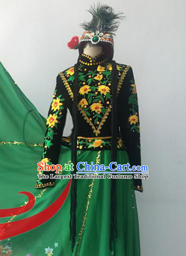 Chinese Uyghur Nationality Folk Dance Clothing Ethnic Female Dance Green Dress Uniforms Xinjiang Minority Performance Costumes