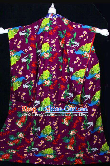 Custom Japanese Courtesan Garment Costume Geisha Furisode Kimono Japan Cosplay Queen Printing Crane Purple Dress Clothing