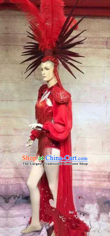 Custom Stage Show Red Feather Hair Accessories Catwalks Luxury Headdress Halloween Performance Hat