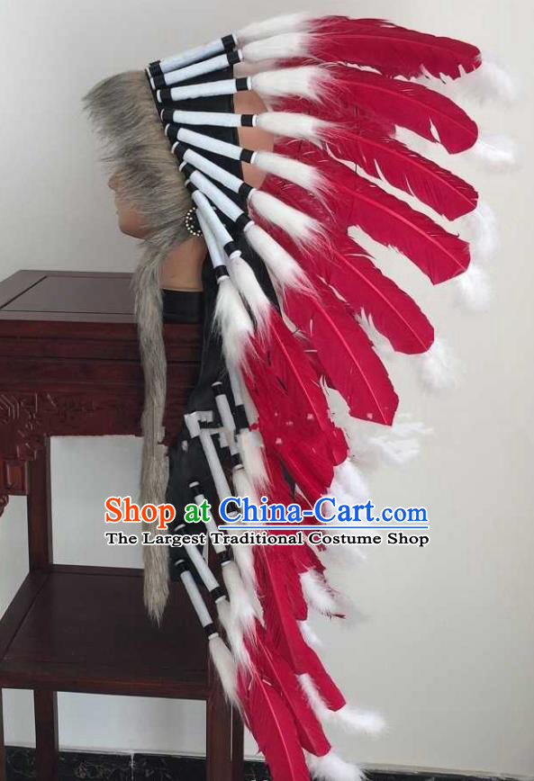 Top Halloween Cosplay Indian Tribal Chief Hair Accessories Catwalks Red Feather Headdress Stage Show Giant Hat