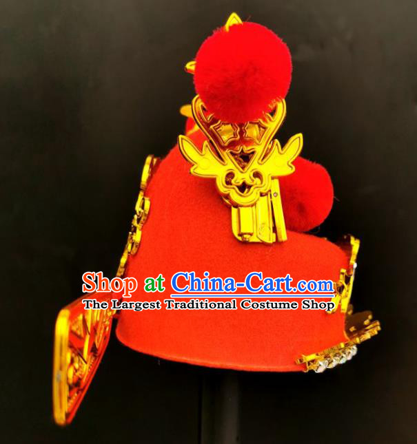 Chinese Ancient Bridegroom Headwear Beijing Opera Xiaosheng Headdress Peking Opera Scholar Red Hat