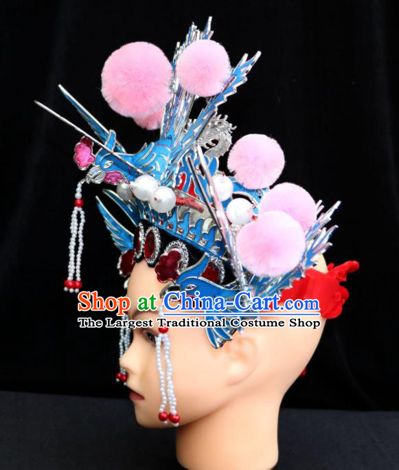 China Beijing Opera Children Headdress Ancient Swordswoman Hair Accessories Shaoxing Opera Actress Blue Phoenix Coronet