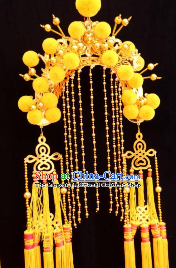 China Peking Opera Blues Yellow Phoenix Coronet Beijing Opera Swordswoman Headdress Ancient Female Knight Hair Accessories