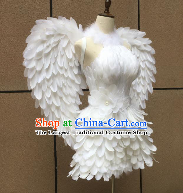 Top Brazilian Carnival Garments Miami Catwalks White Feather Dress with Wings Stage Show Costumes Samba Dance Clothing