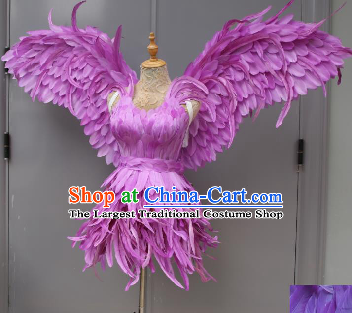 Top Miami Catwalks Costumes Stage Show Clothing Brazilian Carnival Garments Samba Dance Purple Feather Dress with Wings