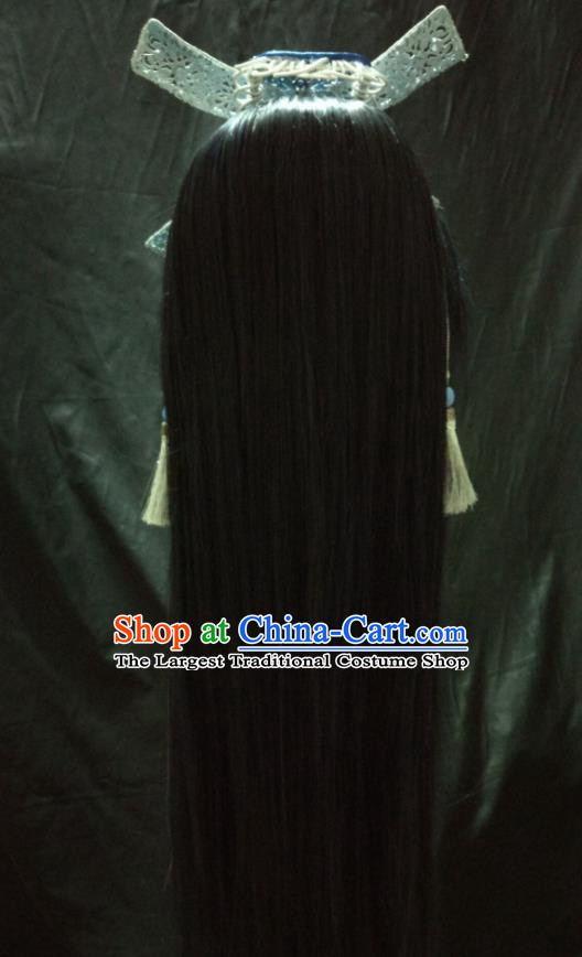 Handmade China Cosplay Swordsman Hairpieces Traditional Puppet Show Young Knight Headdress Ancient Kawaler Black Wigs and Hair Crown