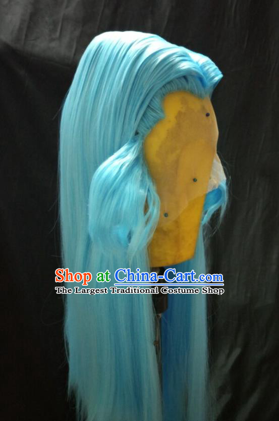 Handmade China Ancient Kawaler Blue Wigs Cosplay Swordsman Hairpieces Traditional Puppet Show Elderly Knight Headdress
