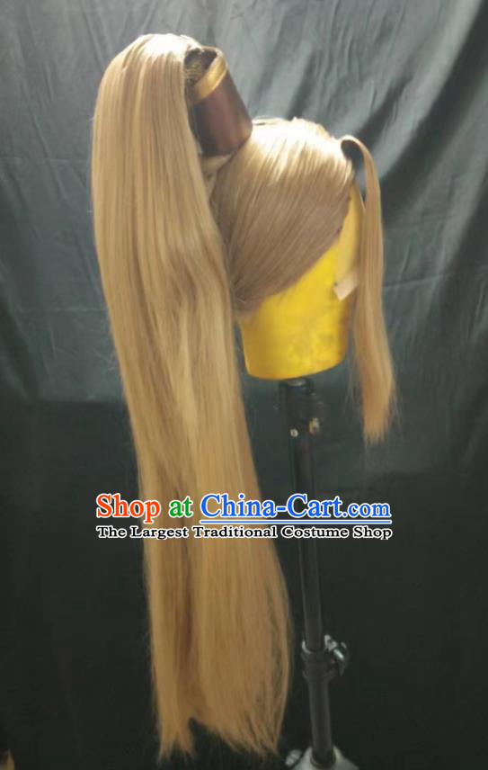 Handmade China Ancient Swordsman Yellow Wigs and Hair Crown Cosplay Young Knight Hairpieces Traditional Honor of Kings Han Xin Headdress