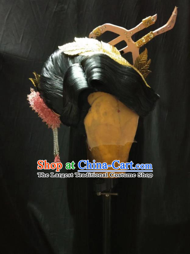 Chinese Ancient Heroine Hairpieces Cosplay Fairy Hair Accessories Traditional Puppet Show Princess Han Yancui Black Wigs and Hair Crown