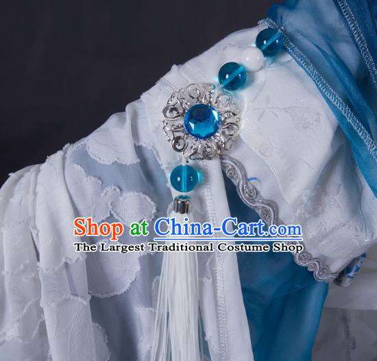 China Traditional Puppet Show Swordswoman Feng Cailing Garment Costumes Ancient Fairy Clothing Cosplay Princess Blue Dress Outfits