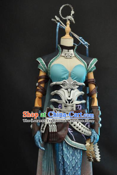 Top Game Character Swordswoman Garment Costumes Traditional Moonlight Blade Yu Hudie Clothing Cosplay Female Knight Blue Dress Outfits