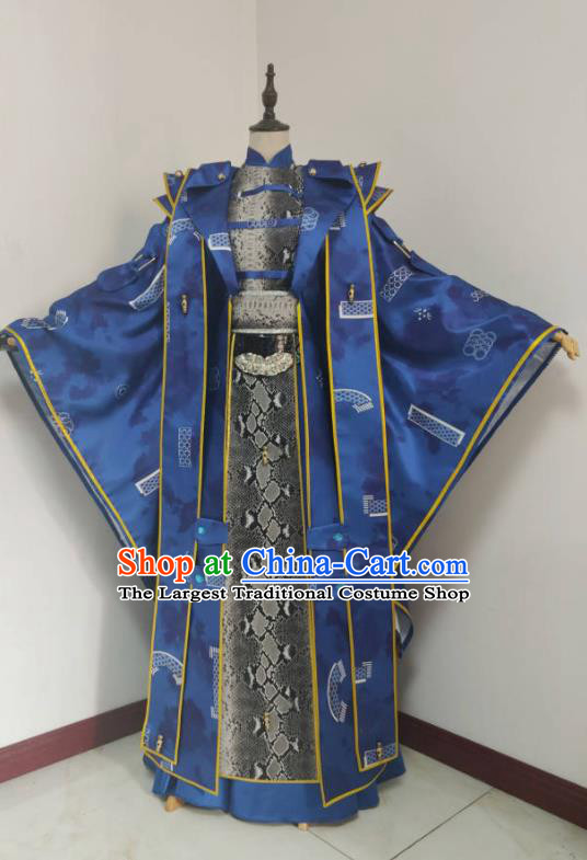 Chinese Traditional Cosplay Swordsman King Clothing Puppet Show Royal Highness Garment Costumes Ancient Emperor Blue Uniforms