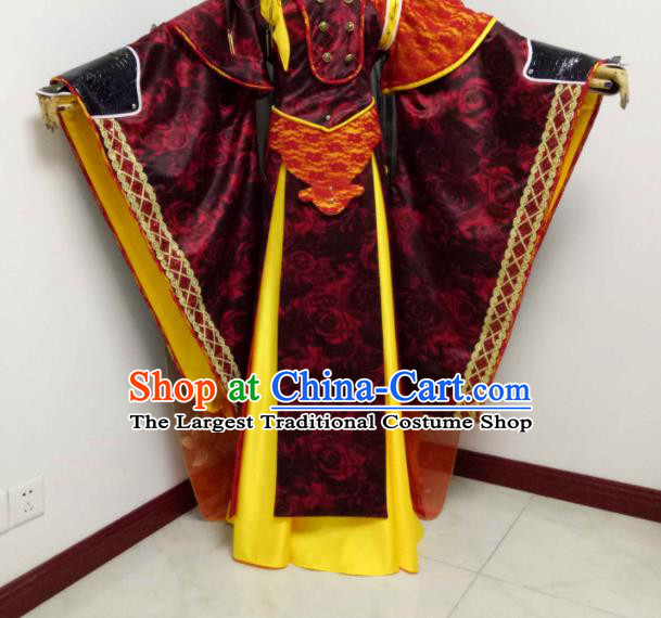 Chinese Ancient Monarch Wine Red Robe Uniforms Traditional Cosplay Swordsman King Clothing Puppet Show Chivalrous Emperor Garment Costumes