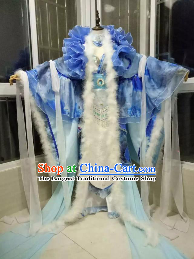 China Cosplay Goddess Queen Blue Dress Outfits Traditional Puppet Show Empress Garment Costumes Ancient Beauty Winter Clothing