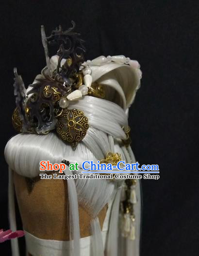 Handmade China Traditional Puppet Show Mo Qingchi Headdress Ancient Swordsman Hair Accessories Cosplay Taoist Priest White Wigs and Hair Crown