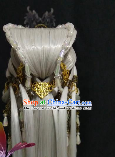 Handmade China Traditional Puppet Show Mo Qingchi Headdress Ancient Swordsman Hair Accessories Cosplay Taoist Priest White Wigs and Hair Crown