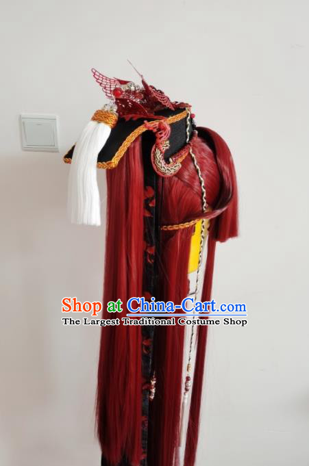 Handmade China Cosplay Hero Red Wigs and Hair Crown Traditional Puppet Show Young Knight Headdress Ancient Swordsman Hairpieces