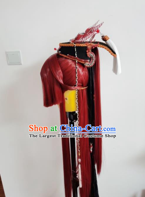 Handmade China Cosplay Hero Red Wigs and Hair Crown Traditional Puppet Show Young Knight Headdress Ancient Swordsman Hairpieces