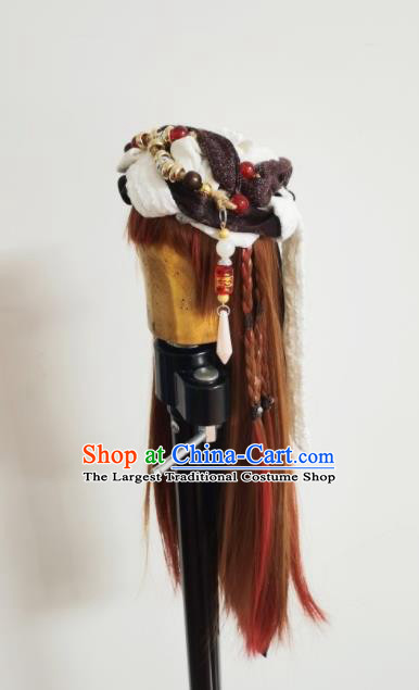 Chinese Ancient Goddess Headdress Traditional Puppet Show Swordswoman Hairpieces Cosplay Female Knight Brown Wigs and Hat