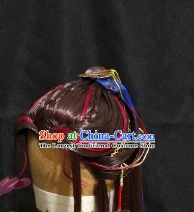 Handmade China Ancient Swordsman Hairpieces Cosplay Young Hero Brown Wigs and Hair Crown Traditional Puppet Show Knight Headdress