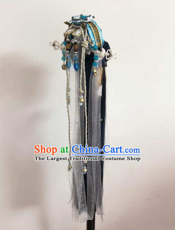 Handmade China Cosplay Monarch Wigs and Hair Crown Traditional Puppet Show Swordsman King Headdress Ancient Emperor Hairpieces