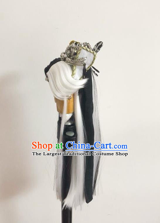 Handmade China Ancient Taoist Priest Hairpieces Cosplay Kawaler Wigs and Hair Crown Traditional Puppet Show Swordsman King Headdress