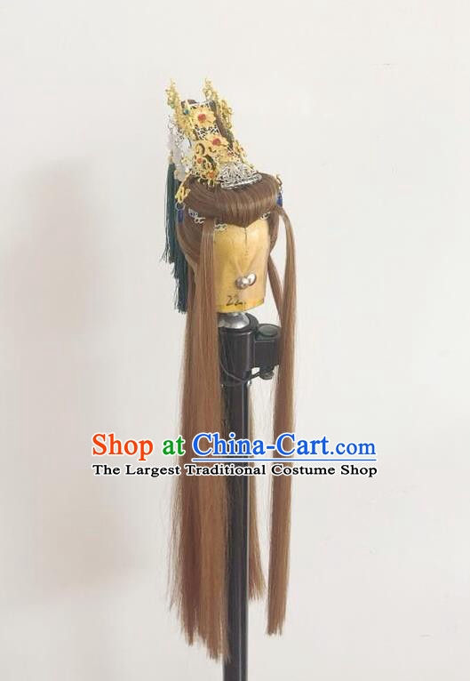 Handmade China Traditional Puppet Show Swordsman Jin Liuying Headdress Ancient Taoist Priest Hairpieces Cosplay Emperor Brown Wigs and Hair Crown