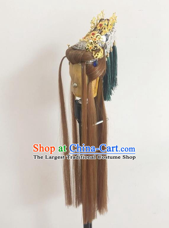 Handmade China Traditional Puppet Show Swordsman Jin Liuying Headdress Ancient Taoist Priest Hairpieces Cosplay Emperor Brown Wigs and Hair Crown