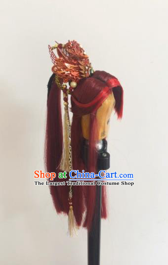 Handmade China Cosplay Swordsman Red Wigs and Hair Crown Traditional Puppet Show Royal Prince Headdress Ancient Young Childe Hairpieces