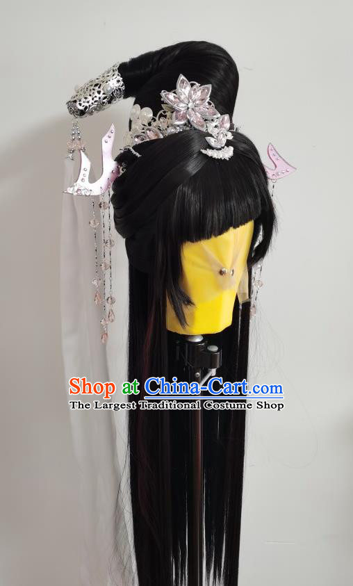 Chinese Cosplay Goddess Black Wigs and Hairpins Ancient Imperial Concubine Headdress Traditional Puppet Show Princess Hairpieces