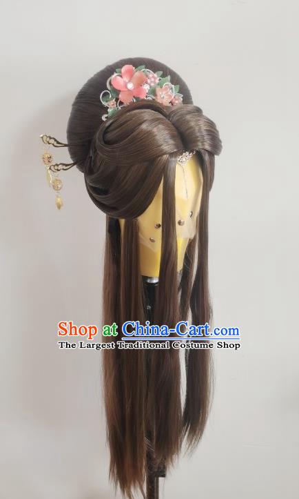 Chinese Traditional Puppet Show Princess Li Jianshi Hairpieces Cosplay Goddess Brown Wigs and Hairpins Ancient Imperial Concubine Headdress