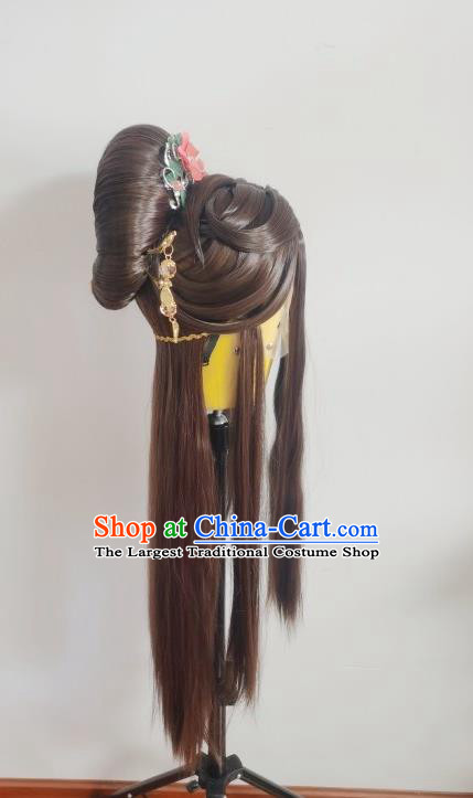 Chinese Traditional Puppet Show Princess Li Jianshi Hairpieces Cosplay Goddess Brown Wigs and Hairpins Ancient Imperial Concubine Headdress