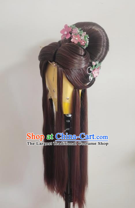 Chinese Traditional Puppet Show Princess Li Jianshi Hairpieces Cosplay Goddess Brown Wigs and Hairpins Ancient Imperial Concubine Headdress