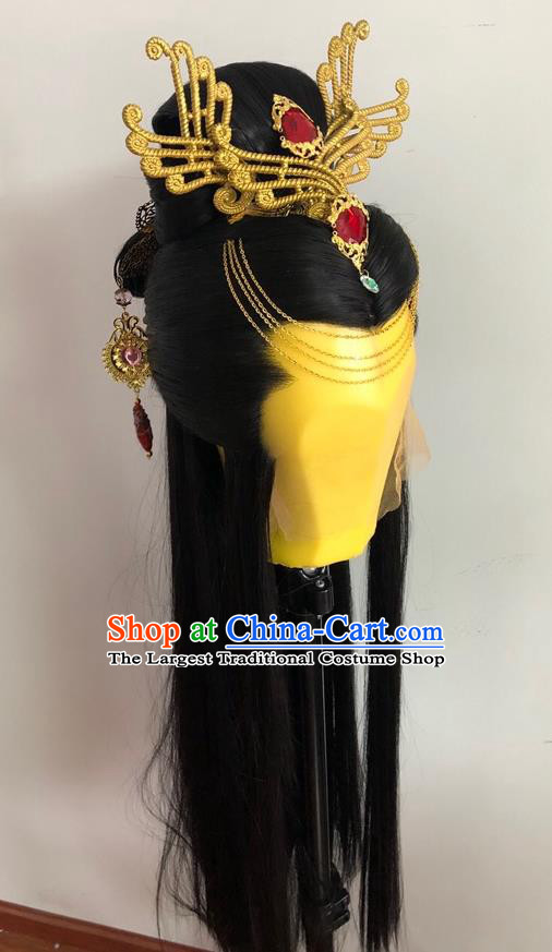 Chinese Ancient Imperial Concubine Headdress Traditional Puppet Show Feng Cailing Hairpieces Cosplay Swordswoman Black Wigs and Hairpins