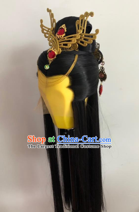 Chinese Ancient Imperial Concubine Headdress Traditional Puppet Show Feng Cailing Hairpieces Cosplay Swordswoman Black Wigs and Hairpins