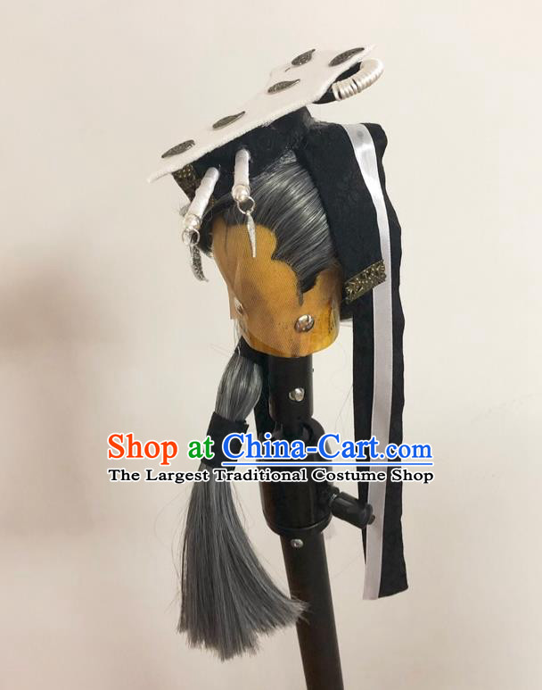 Handmade China Traditional Puppet Show Taoist Headdress Ancient Royal Duke Hairpieces Cosplay Swordsman Gray Wigs and Hair Crown