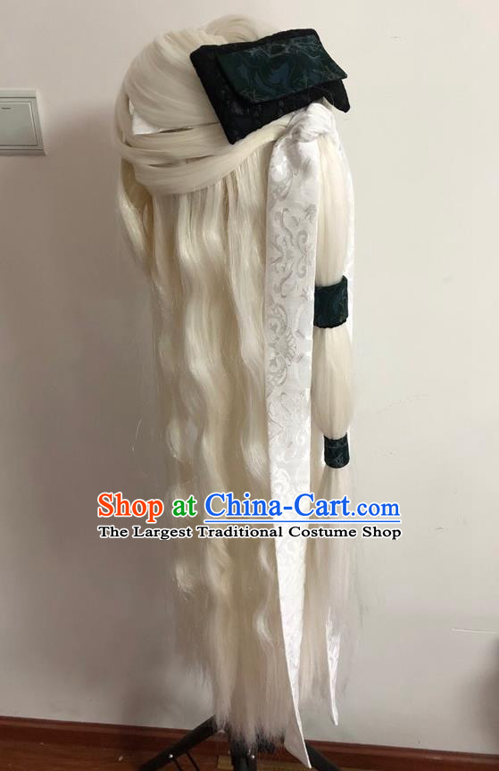 Chinese Traditional Puppet Show Murong Yanyu Hairpieces Cosplay Swordswoman White Wigs and Hairpins Ancient Fairy Princess Headdress