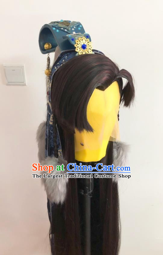 Handmade China Cosplay Swordsman Black Wigs and Hair Crown Traditional Puppet Show Hero Headdress Ancient Noble Childe Hairpieces