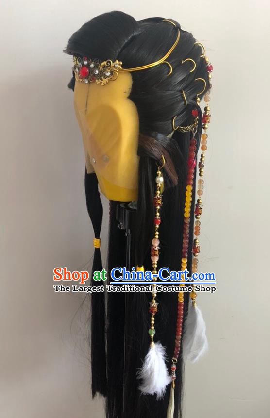 Handmade China Cosplay Swordsman King Wigs and Hair Accessories Traditional Puppet Show Royal Prince Headdress Ancient Knight Hairpieces